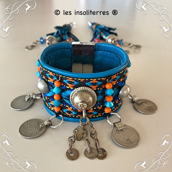 bracelet manchette cuir nomade bohème  breloques kuchi banjara galon ethnique bleu orange