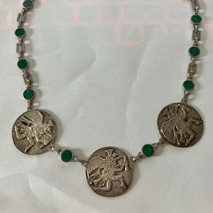 STERLING Mexican MAYAN God SILVER Diety turquoise stone necklace
