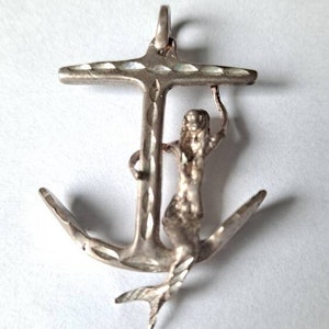 STERLING Silver NAVY Marine Anchor Mermaid large pendant necklace