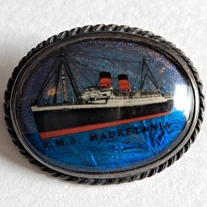 Butterfly wing STERLING Silver painted RMS Mauretania England ship pre WW11 pin brooch