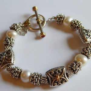 Designer 18K Sterling Silver ELYSE RYAN Thick Pearl Garnet Toggle granulating bead bracelet