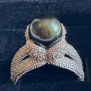 Large Sterling Silver Cultured black pearl granulated textured band ring