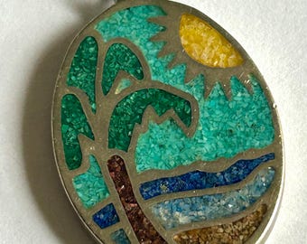 Pendentif réversible vintage en argent sterling, turquoise, corail, incrustation de pierres concassées, île tropicale