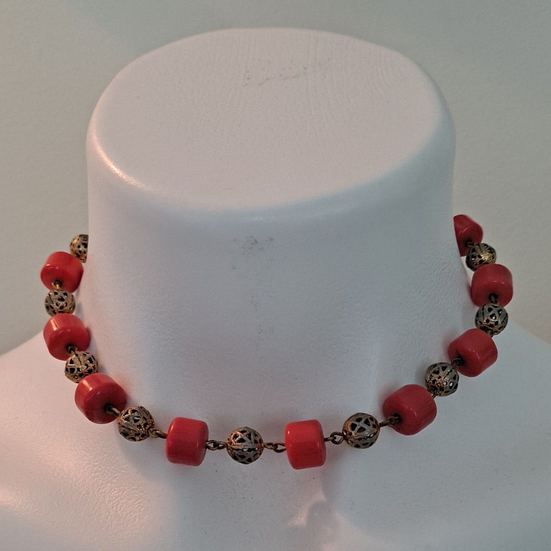 FREIRICH Coral Lucite Ornate Filigree Ball Costume Jewelry Signed