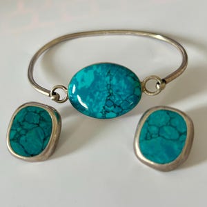 MEXICAN Sterling SILVER Turquoise bright matching bracelet earring set