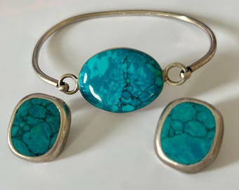 MEXICAANSE sterlingzilveren turquoise heldere bijpassende armbandoorbellenset