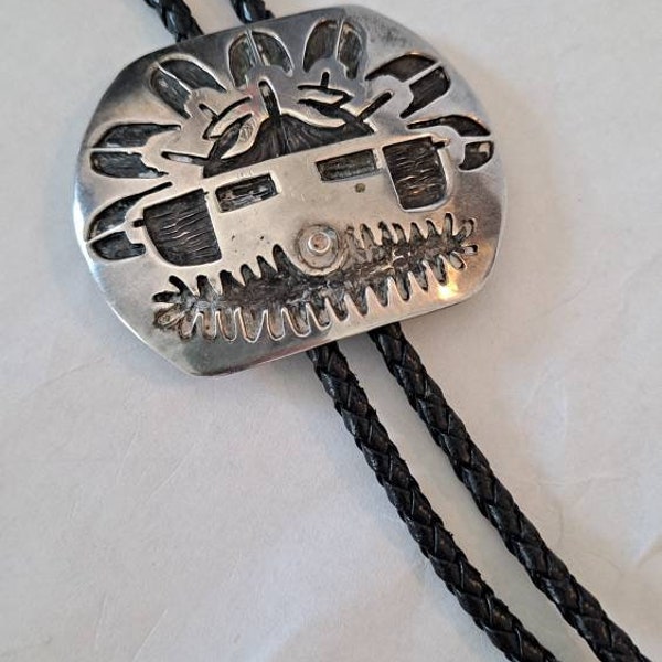 NAVAJO Gertie Ganadonegro Signed STERLING Silver Native American Sun God Bolo tie necklace