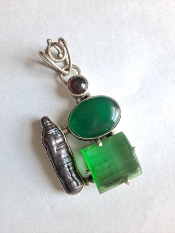 STERLING SILVER Chrysoprase Amethyst Mother of Pe… - image 2