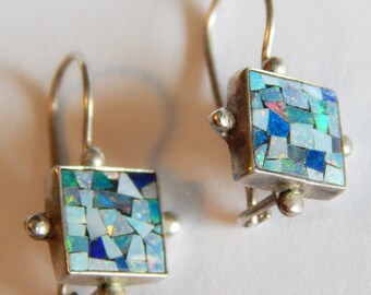 Shimmering STERLING Silver OPAL Signed ear wire earrings