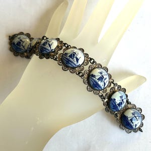 DELFT Holland Sterling silver windmill porcelain filigree bracelet
