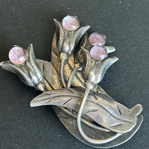 Ancienne broche TULIPE MEXICAINE en argent massif améthyste signée Taxco Mexico