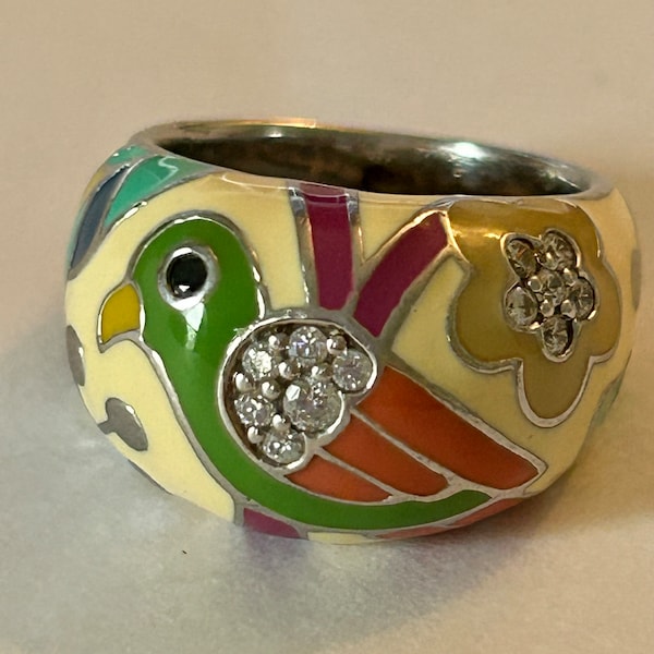 Belle Etoile Signed STERLING Silver Enameled Bird simulated diamond ring