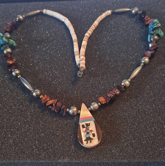 Collier Amérindien Zuni En Argent Massif - Turquoise, Lapis-lazuli Et Corail