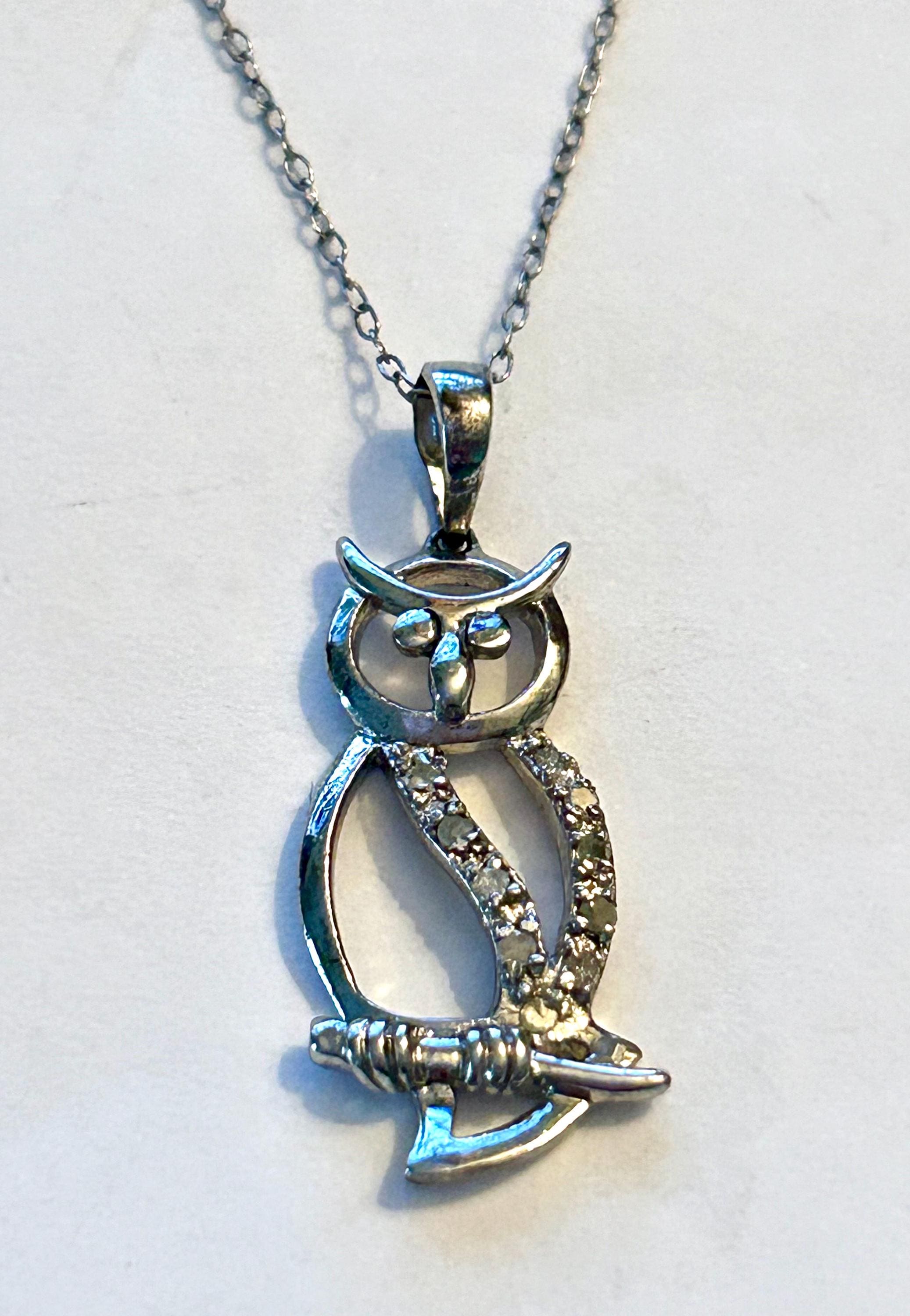 STERLING Silver DIAMOND Owl sparkling pendant necklace