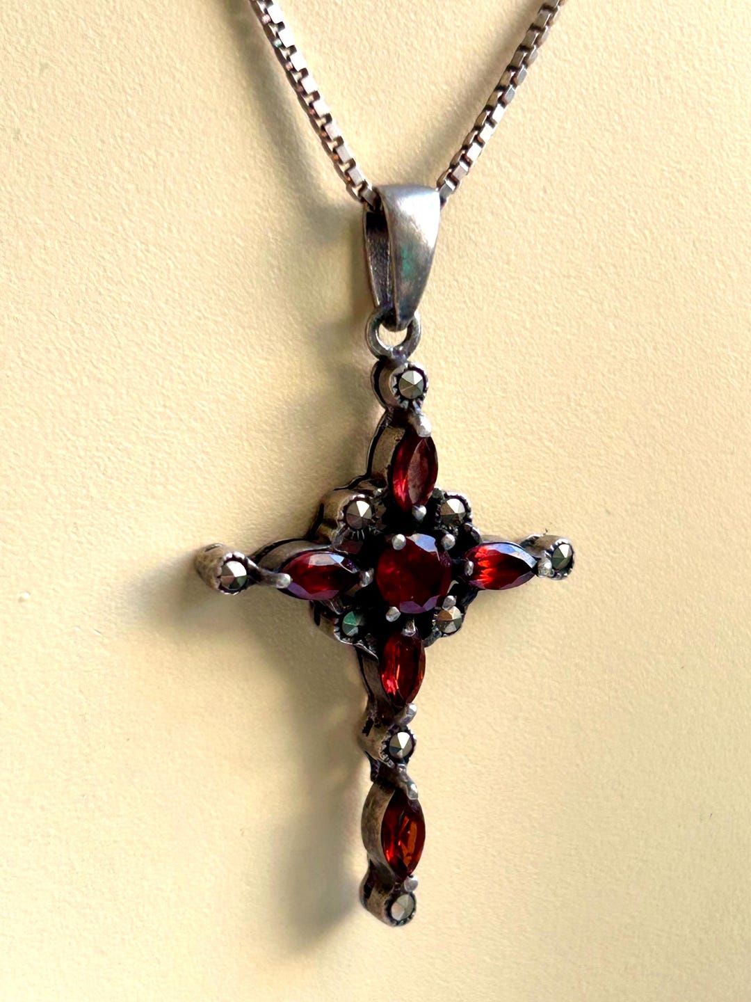 Sparkling STERLING Silver GARNET Marcasite Ornate Large Cross Pendant ...