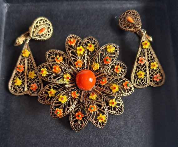 Rare Signed ART Enameled flower brooch earring Filigr Gem