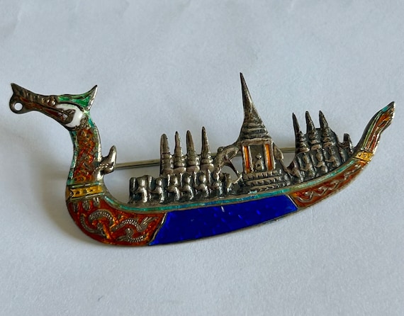 SIAM Sterling Silver Detailed enameling Dragon boat ship