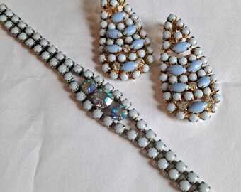 LONG Purple Blue Boucles d’oreilles Bracelet en cristal strass set demi Parure