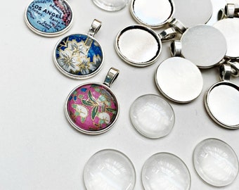 DIY Pendant Kit. 20mm glass cabochon & Silver toned round Pendant tray, DIY photo pendant, small pendant blank, diy jewelry, craft