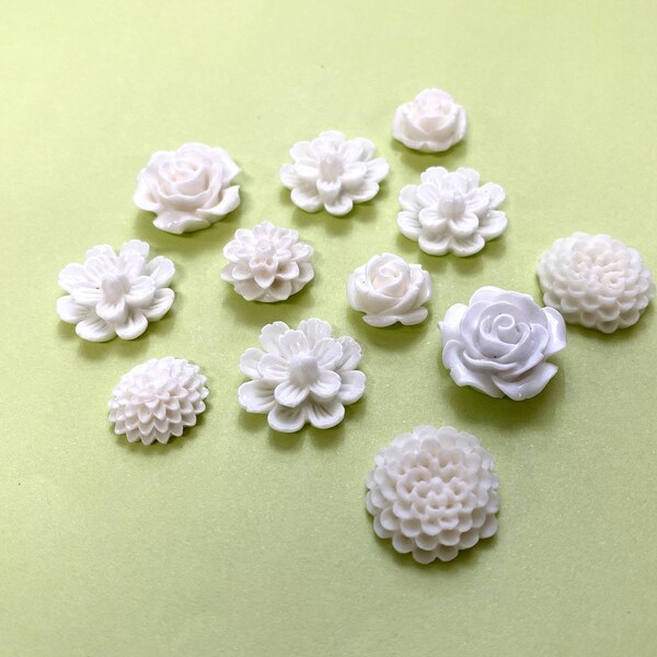 Qté 10 cabochons de fleurs en résine, fleurs blanches 14mm - 22mm, aimants bricolage, embellissements en résine, décor de mariage, blanc pur, fleur en résine, plat