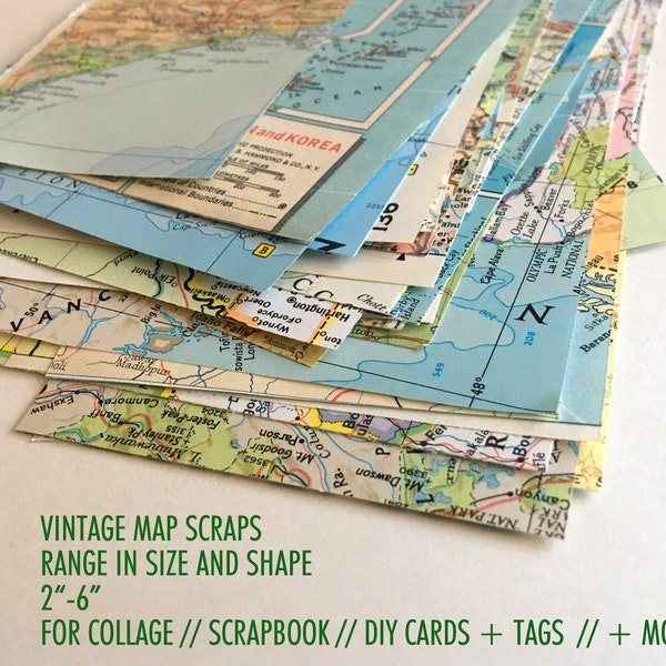 Vintage Map Scrap Pieces. DIY card making, scrapbook map, ephemera map crafts, paper crafts, vintage map atlas, collage maps, school project