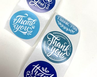 Thank you Sticker, 1 inch round, small sticker for envelopes, thank you note, customer appreciation, Wedding Shower Favor Sticker, Blue text