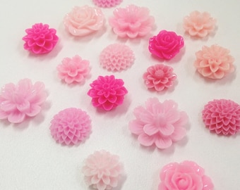 Resin Flower Cabochon. Mixed lot Pink resin flowers. Small, medium resin flowers for crafting, diy projects, diy hair accessory, flat back