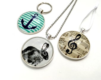 DIY Kit, Keychain, 1.5" 38mm Glass cabochon, extra large keychain, key chain Pendant, glass crafts, kit for adults, photo key ring kit