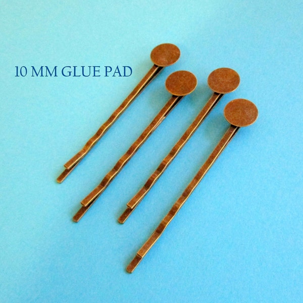 QTY 10  Antique Brass Bobby Pin Blank - 10mm glue pad, DIY hair accessory, hair clip, durable DIY Bobby Pin, Kids hair clip