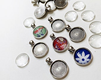 DIY Pendant Kit: 18mm Glass Cabochon & Round Antique Silver Pendant tray, DIY photo pendant, small pendant blank, diy jewelry/handmade craft