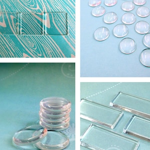 Kit de inicio de cabujón de vidrio: 10 piezas de cada una: rectángulo de 48 mm, cuadrado de 25 mm, redondo de 25 mm, redondo de 18 mm, lote mixto de cabujón, azulejos de vidrio, bricolaje