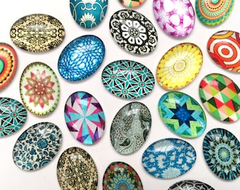 Oval Cabochon, ready to use, patterned cabochon, DIY pendants, magnet, craft jewelry, 25mm oval glass cabochon, mosaic pattern, colorful