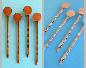 QTY 10 Bobby Pin Blank -10mm glue pad, DIY hair accessory, hair clip, durable DIY Bobby Pin, Kids hair clip - Antique Brass, Polished Silver