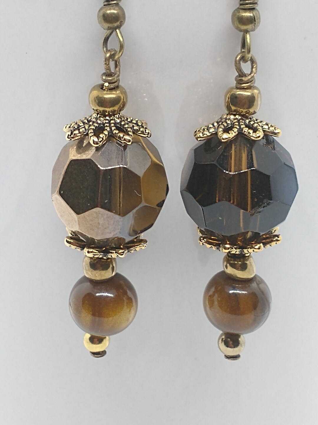 Brown Bead Earrings, Brown Earrings With Gold Accents, Brown Prism