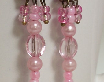 Pink Earrings, Victorian Earrings, Seed Bead Earrings, Pink Chandelier Earrings, Dangle & Drop Earrings, Pearl Earrings, Bridal, JenEfGems