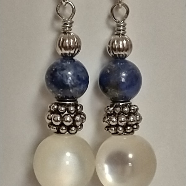 Blue Gemstone and White Cat's eye earrings, blue dangle earrings, gemstone earrings, adorable earrings, sophisticated, Victorian earrings