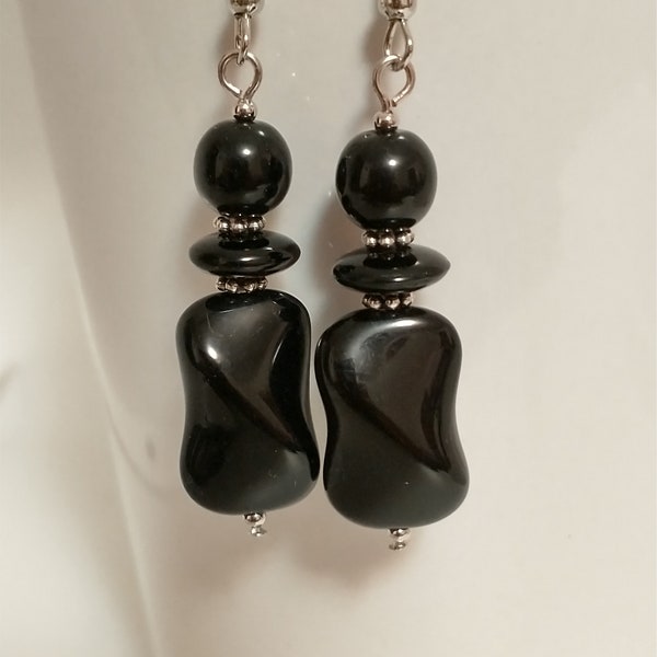 Black Bead Earrings, Elegant Earrings, Odd Shaped Bead Earrings, Sleek Black Earrings 221