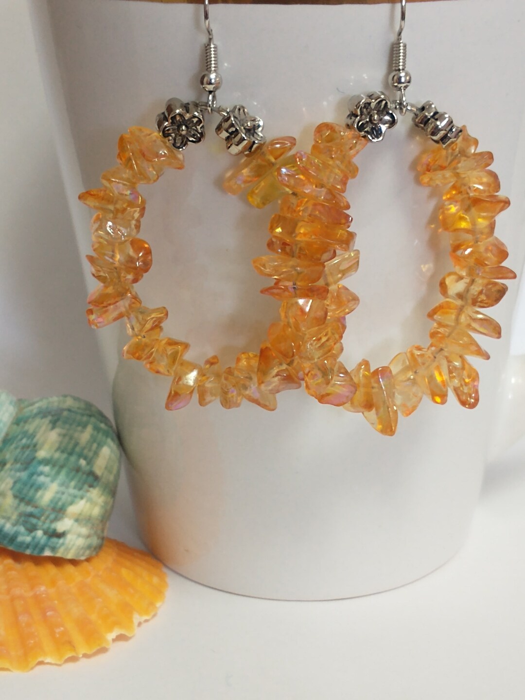 Orange Chip Bead Earrings, Orange Earrings, Chip Bead Earrings