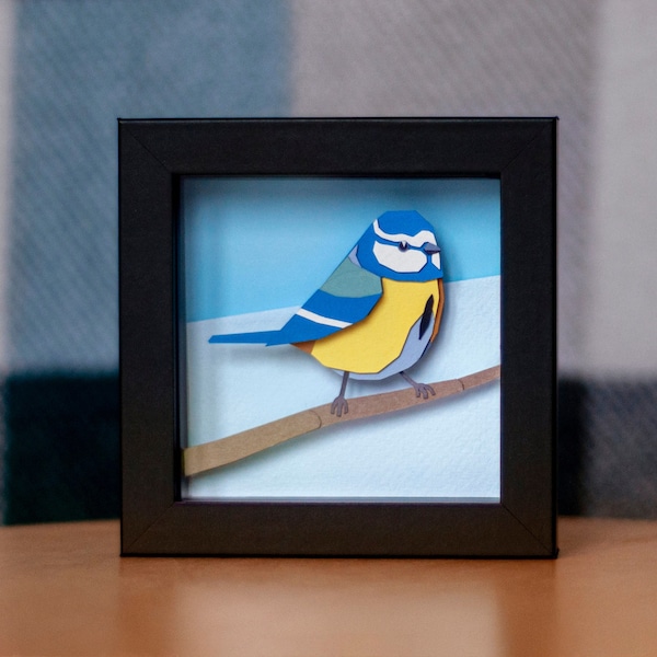 Framed Blue Tit - Layered Papercut Art inside a Black Shadow Box - British / UK Garden Bird Collection - Gift for Bird Watchers