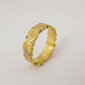 Unique Wide Wedding Ring for Women Handmade of 14K / 18K Solid Gold and Diamonds, Alternative Engagement Ring Engraved with Scrolls and Dots