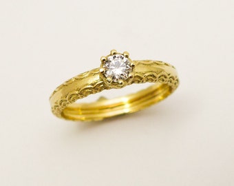 Lace Engagement Ring, Vintage Style Diamond Ring, Solitaire Ring, 14K / 18K Solid Gold Ring  Set with 0.20CT Diamond, Unique Engagement Ring