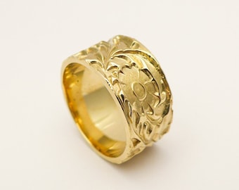 Wide Floral Wedding Band Handmade of 14K / 18K Solid Gold, Unique Yellow, White, Rose Gold Ring for Woman with Flowers and Leaves