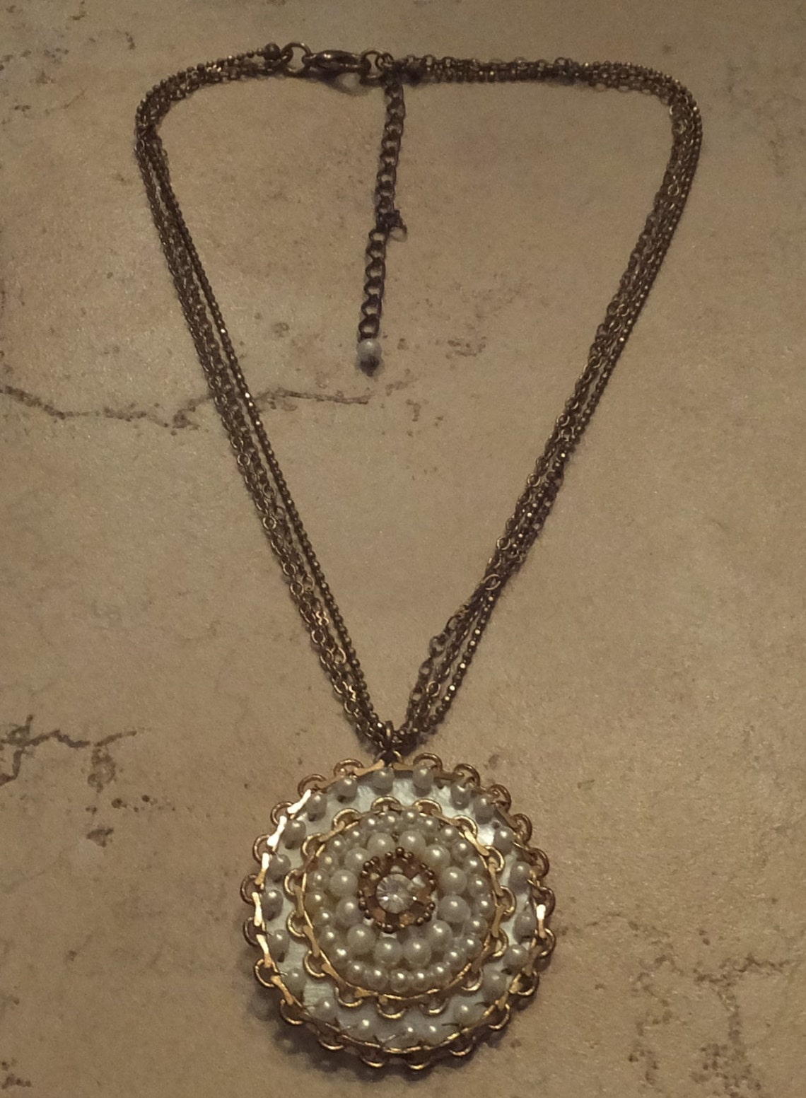 Vintage Handmade Necklace Shell Gold Rhinestone Pendant - Etsy