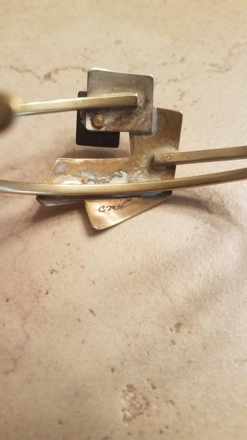 Vintage Sterling Silver Brass Modernist Cuff Bracelet