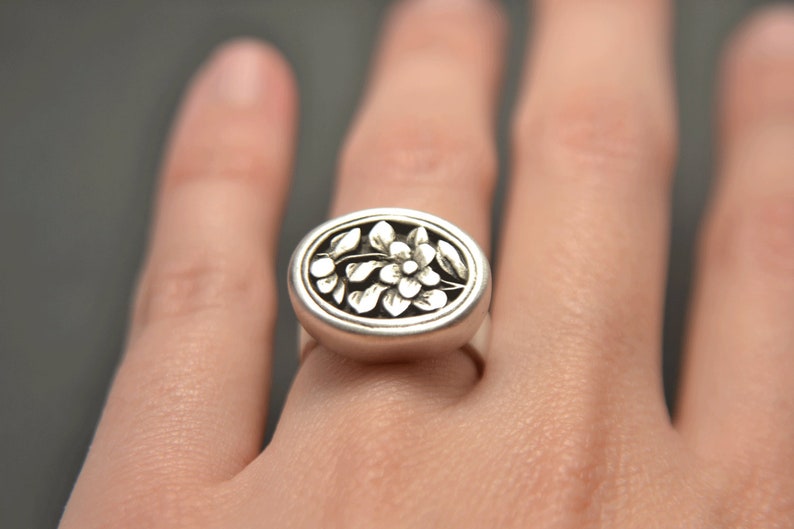 Engraved Flower Ring Sterling Silver 925 Statement Open Etsy