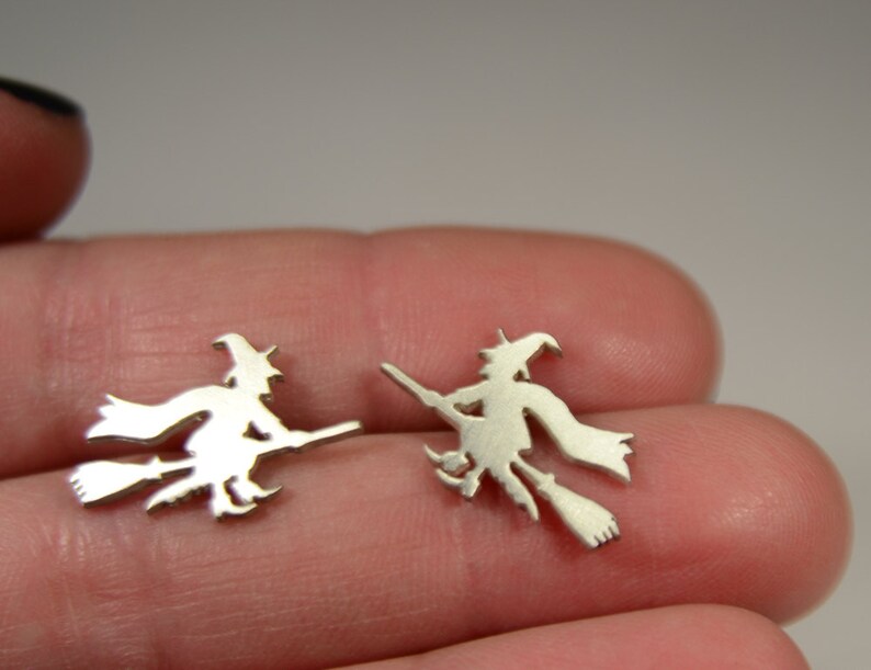 Sterling Silver 925 Witch On The Broom Stud Earrings Halloween Etsy