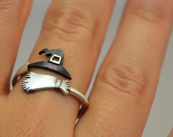 Ring Wizard Witche's Broom and Hat Ring Sterling Silver 925 Autumn Jewelry Halloween Jewelry Funny Cool Halloween Gift Idea Witche's Ring