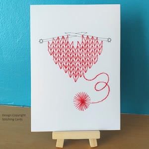 Knitted Heart Hand Stitched Valentine Birthday or Greeting Card With Optional Personalised Greeting, Knitting Card, Red Heart Knitting Card