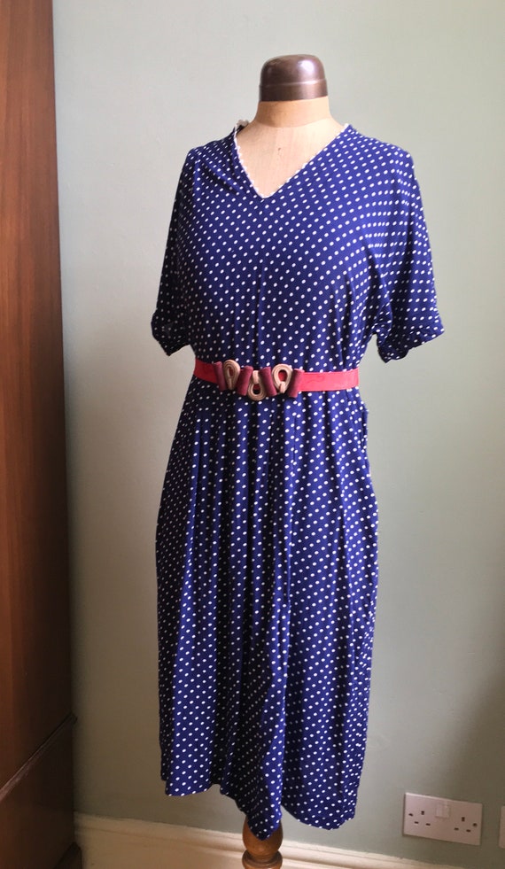 Vintage 1940s 1950s blue white polka dot printed … - image 5