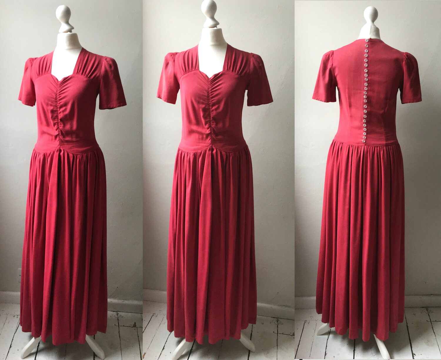 Vintage 1940s Raspberry Red Wool Crepe Long Evening Dress Gown